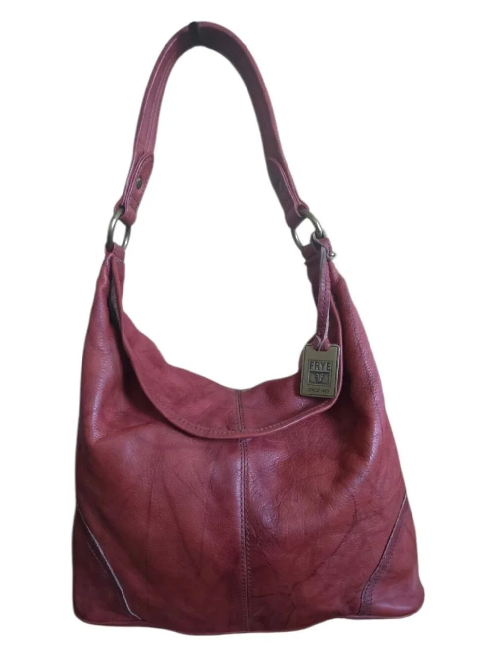 Frye Campus Leather Hobo‎ Bag 34DB877 Vintage Brass Distressed Burnt Red